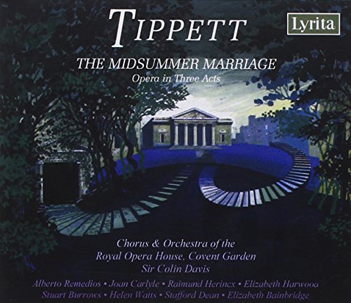"CD cover art for Tippett's 'The Midsummer Marriage' opera, featuring a classical building."