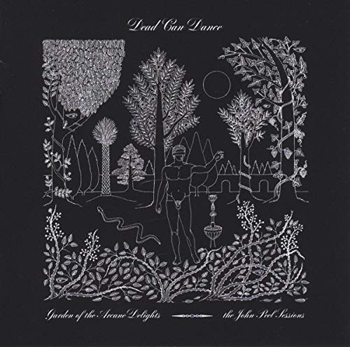 Black and white album cover with a figure in a lush, detailed garden.