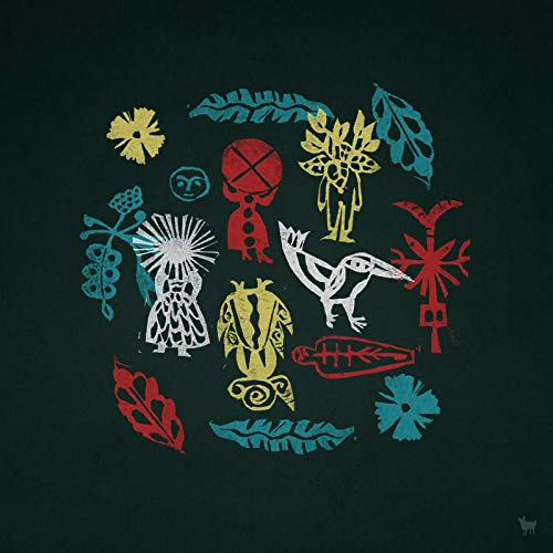 Dark green album cover with colorful, abstract, folk-art style illustrations.
