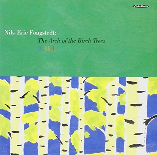 "Album cover with green top, white birch trees, and blue background."