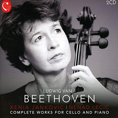 Close-up of cellist Xenia Jankovic with a cello, Beethoven album cover.