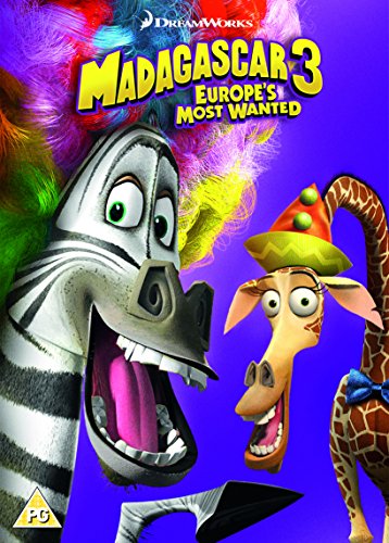 "Madagascar 3 DVD cover featuring cartoon zebra, giraffe, and goat against purple background."