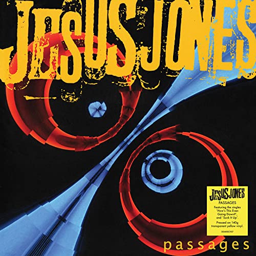 Jesus Jones “Passages” album cover with swirling red and blue graphics.