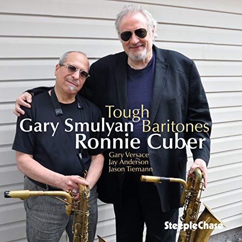 Two men with baritone saxophones, album cover for “Tough Baritones.”