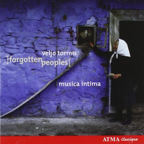 "CD cover with woman feeding birds, blue stone wall, and red banner at bottom."