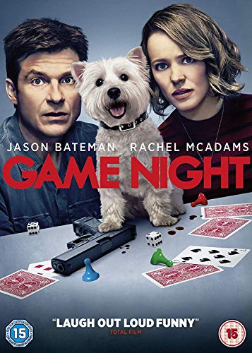 "DVD cover for 'Game Night' featuring a man, woman, and dog surrounded by game pieces."