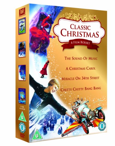 "Gold DVD box set with Christmas movie images and red title on a white background."