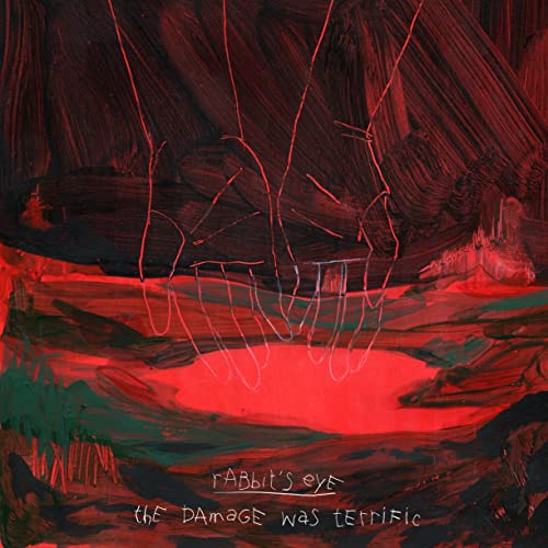 Abstract red and black painting with the words "Rabbit's Eye" and album title.