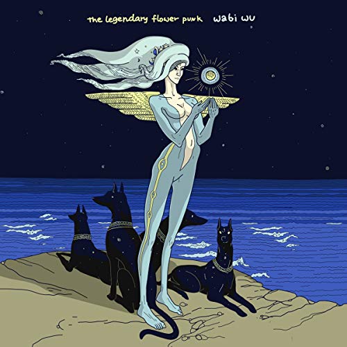 An illustrated winged figure stands on a beach with three dogs under a night sky.