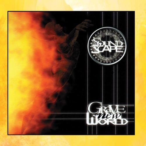 The image depicts a CD cover with a dark background and flames on the left side. Alt text: "CD cover with 'Soundscape' and 'Grave New World' text, flames on left."