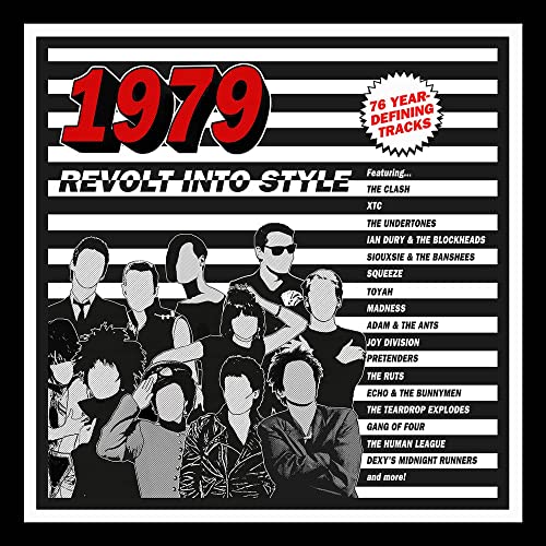 1979 album cover with black and white striped background, silhouettes, and band names.