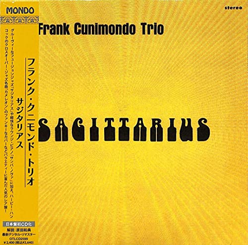 Yellow CD case for Frank Cunimondo Trio’s “Sagittarius” with constellation imagery.