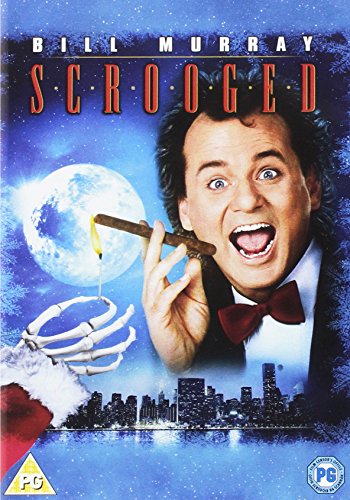 Scrooged" DVD cover featuring Bill Murray with a skeletal hand and mistletoe.