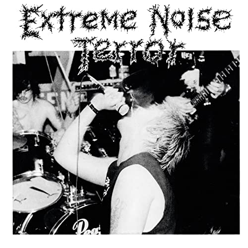 Black and white photo of a punk band performing live onstage.
