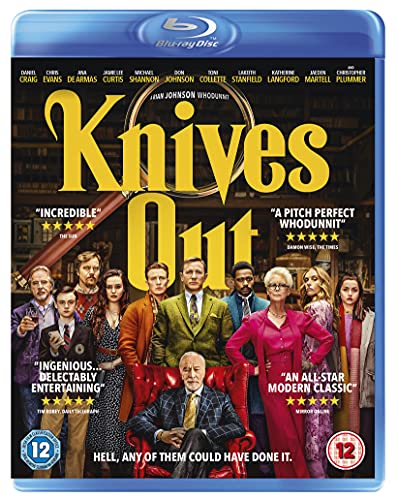 Knives Out" Blu-ray cover featuring a cast portrait and bold yellow lettering.