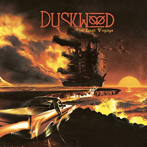 Duskwood album cover: fiery seascape with ship, car, and setting sun.