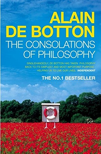 The image depicts the cover of "The Consolations of Philosophy" with EAN 9780140276619. The alt text for this image is: "Book cover with sunburst design, blue title, and author's name."