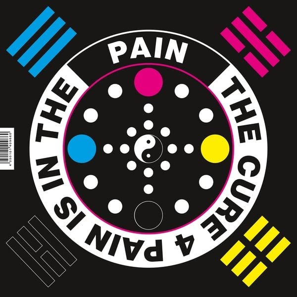 Vinyl record cover with a black and white target design and colorful text.
