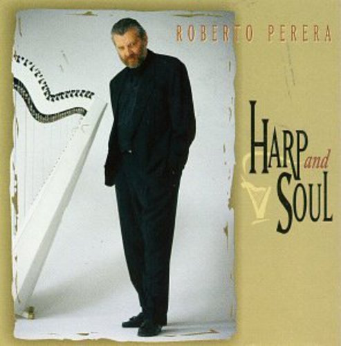 "CD cover featuring a man in black standing beside a harp."