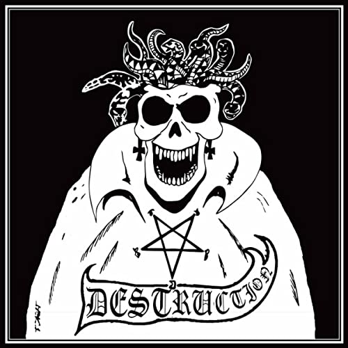Black and white album cover featuring a skull and pentagram with “Destruction” text.