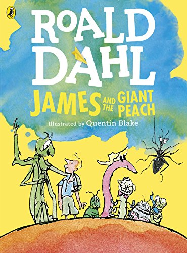 "Book cover featuring 'James and the Giant Peach' with cartoon characters on a peach."