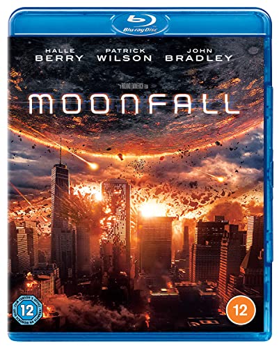 Moonfall" Blu-ray cover with a city under attack from a falling moon.