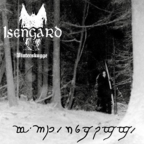 Black and white album cover featuring a figure in a dark forest scene.