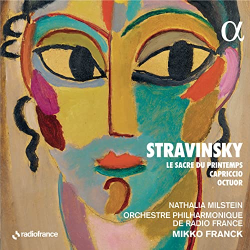CD cover featuring a colorful, abstract portrait and text: Stravinsky, Le Sacre du Printemps.
