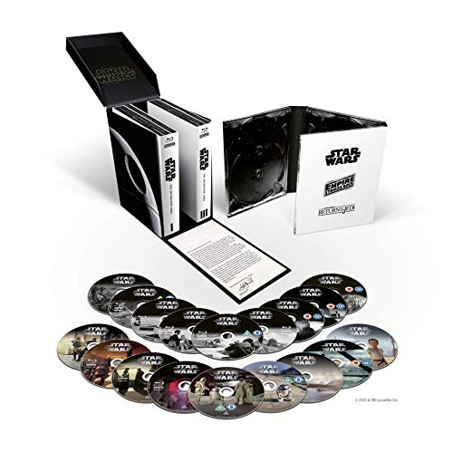 "Star Wars box set with discs and packaging on a white background."
