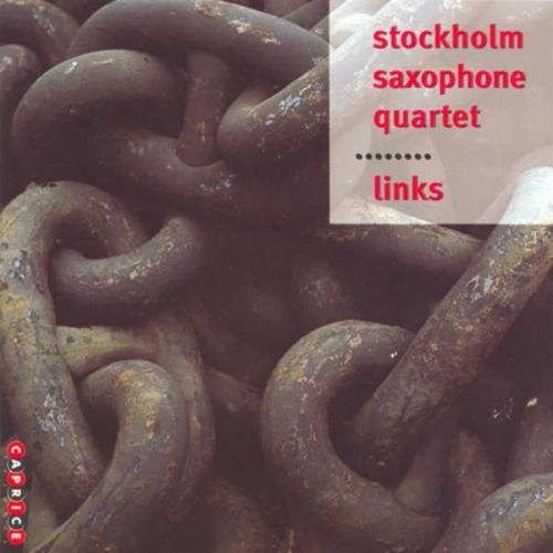 "CD cover with rusty chain links and red text 'stockholm saxophone quartet links'."