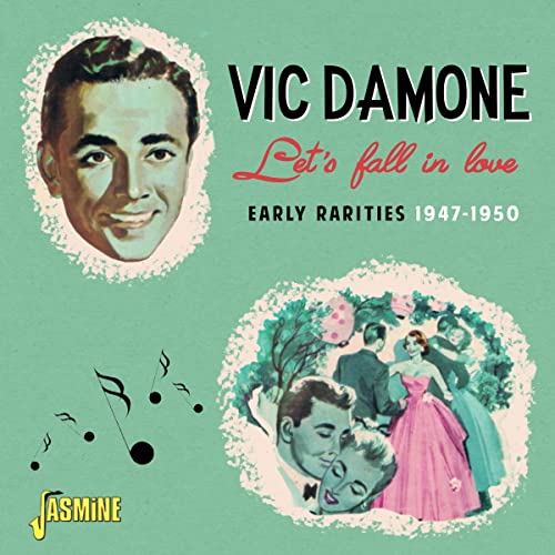 CD cover for Vic Damone’s “Let’s Fall in Love” with portrait and couple illustration.