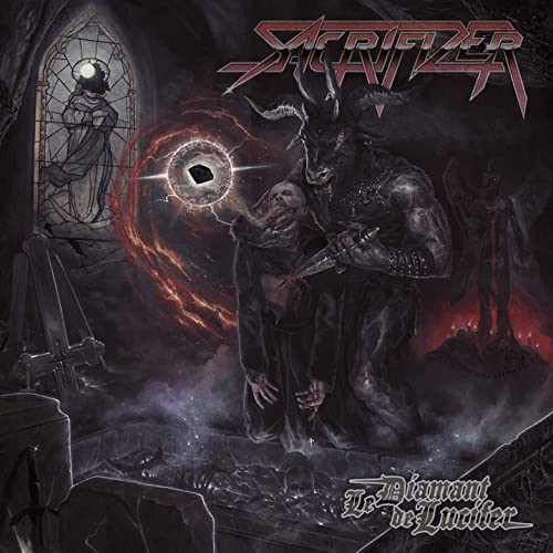 Dark fantasy album cover with demonic figure and stained glass window.