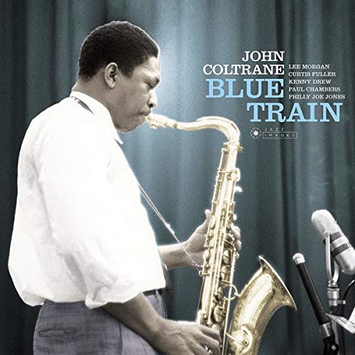 John Coltrane playing saxophone on the album cover for "Blue Train".