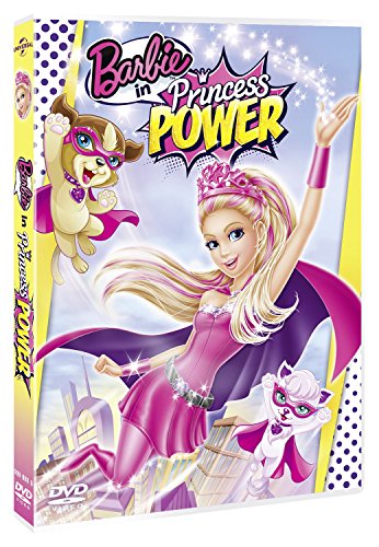 Barbie as a superhero princess with a puppy and kitten, DVD cover.