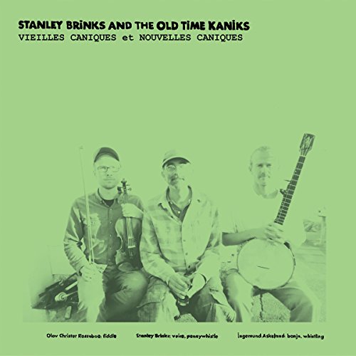 Black and white photo of three musicians with instruments on a green background.