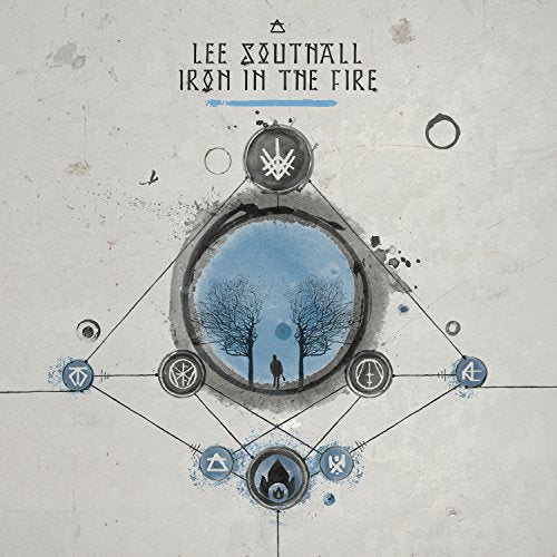 Album cover with a person standing between trees, surrounded by symbols on a grey background.