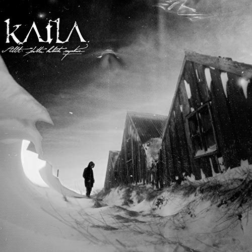 Black and white album cover with snowy landscape, building, and lone figure.