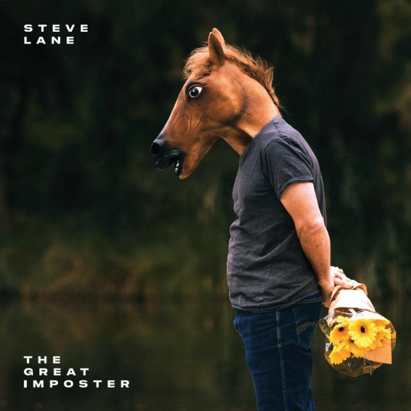 Man with a horse head mask holds yellow flowers, side view.