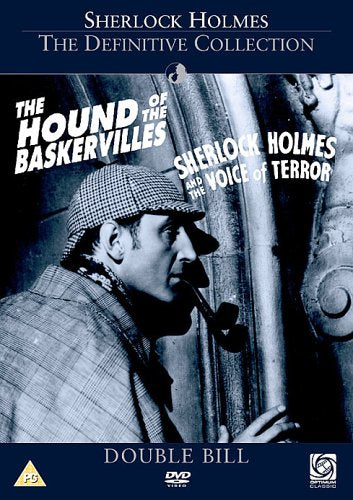 DVD cover for "The Hound of the Baskervilles" featuring Sherlock Holmes.