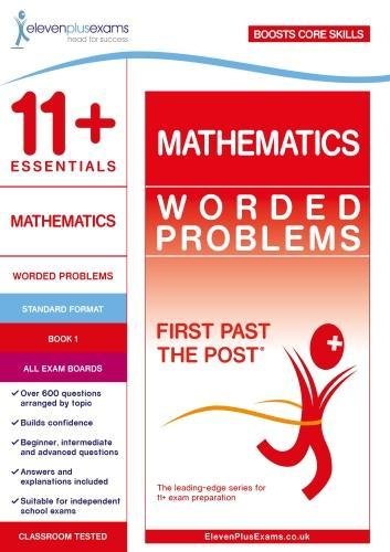 "Book cover with red and white design, titled '11+ Essentials Mathematics Worded Problems Book 1'."