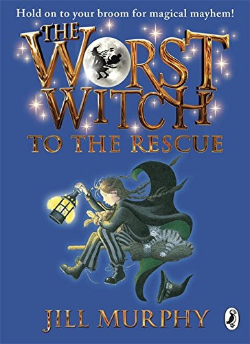 "Book cover featuring a girl flying on a broomstick, holding a lantern, against a blue background."