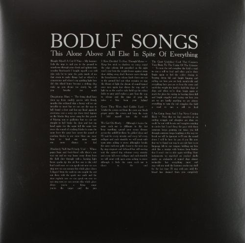 Black vinyl record cover with white text: "Boduf Songs" and song lyrics.