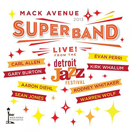 "Album cover with 'SUPER BAND' in red, surrounded by artist names and stars on white background."