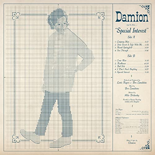 Blueprint-style vinyl album cover for Damion’s “Special Interest” with a figure.