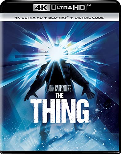 The Thing" Blu-ray cover featuring a figure with a glowing head in snow.