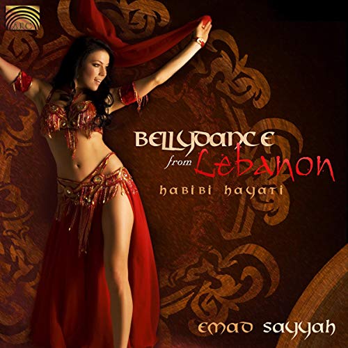 Belly dancer in red costume on CD cover, ornate background.
