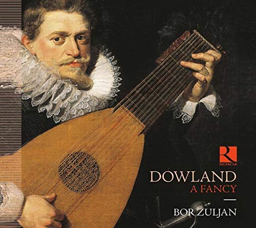 "CD cover featuring a man playing a lute, with text 'Dowland: A Fancy'."