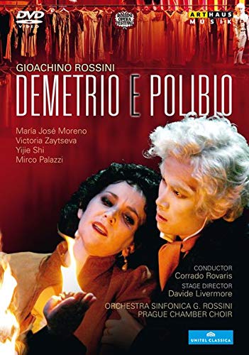 DVD cover for "Rossini: Demetrio E Polibio" featuring two opera singers against a red curtain backdrop.