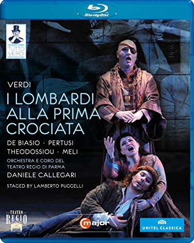 Blu-ray cover for Verdi’s "I Lombardi" opera performance with dramatic figures.