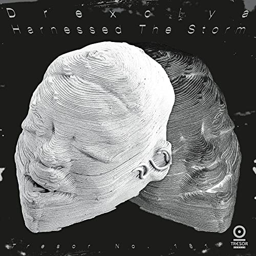 Black and white album cover featuring a textured, layered sculpture of a human face.